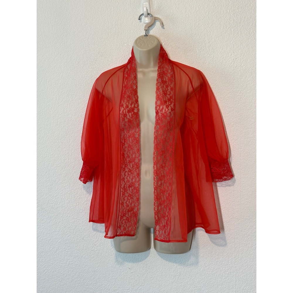 Vintage Blanche Lingerie Red Sheer Lace Trim Robe ILGWU‎ Union Made Large